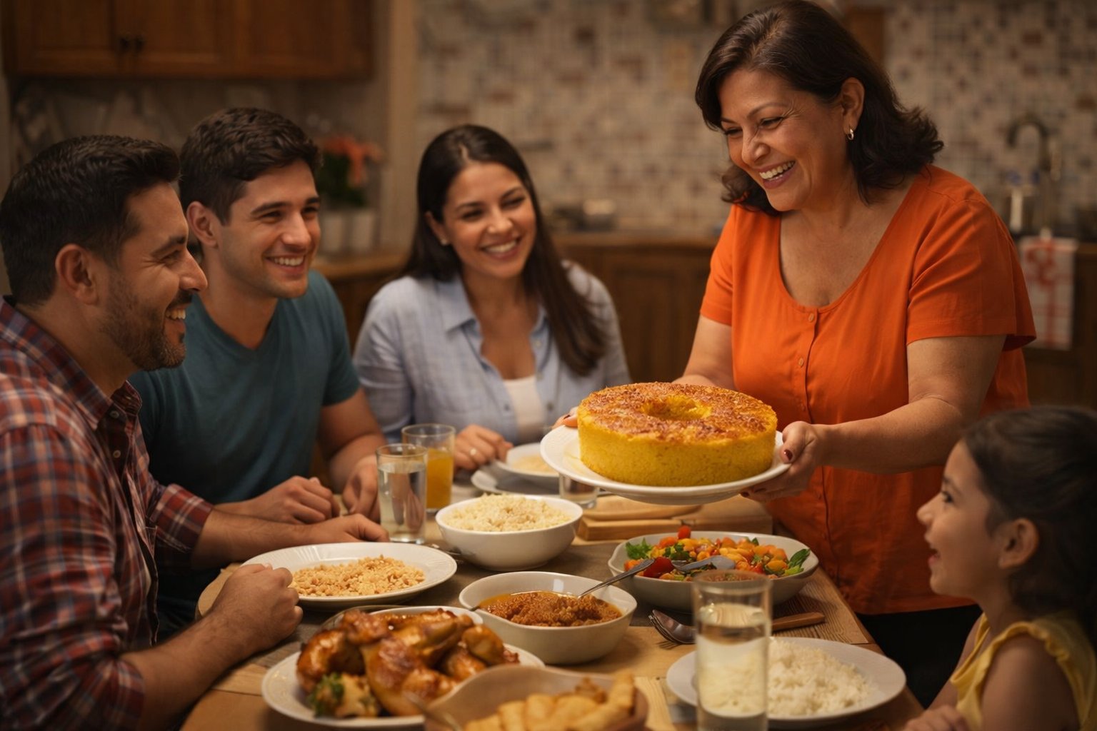 Familia disfrutando una cachapa gigante hecha con masa Don Millo
