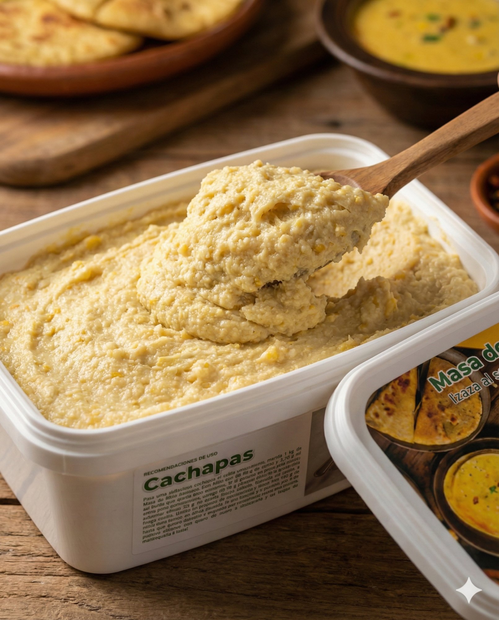 Tarrina Don Millo abierta con cuchara – masa lista para cachapas