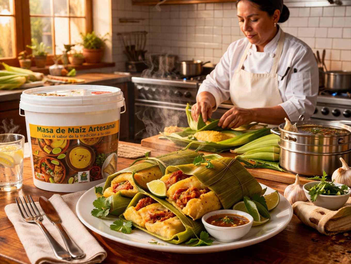 Chef preparando tamales con cubo Don Millo en cocina profesional